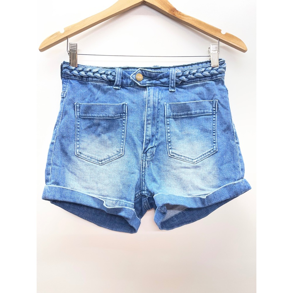 HM Womens Braided Waist Denim Shorts Medium Wash Blue High Rise Size 8